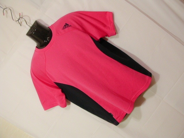 ssy4384 adidas アディダス 半袖 ドライ ラグランTシャツ ピンク×ネイビー ■ 配色切り替え ■ ロゴプリント スポーツ Sサイズ_画像1