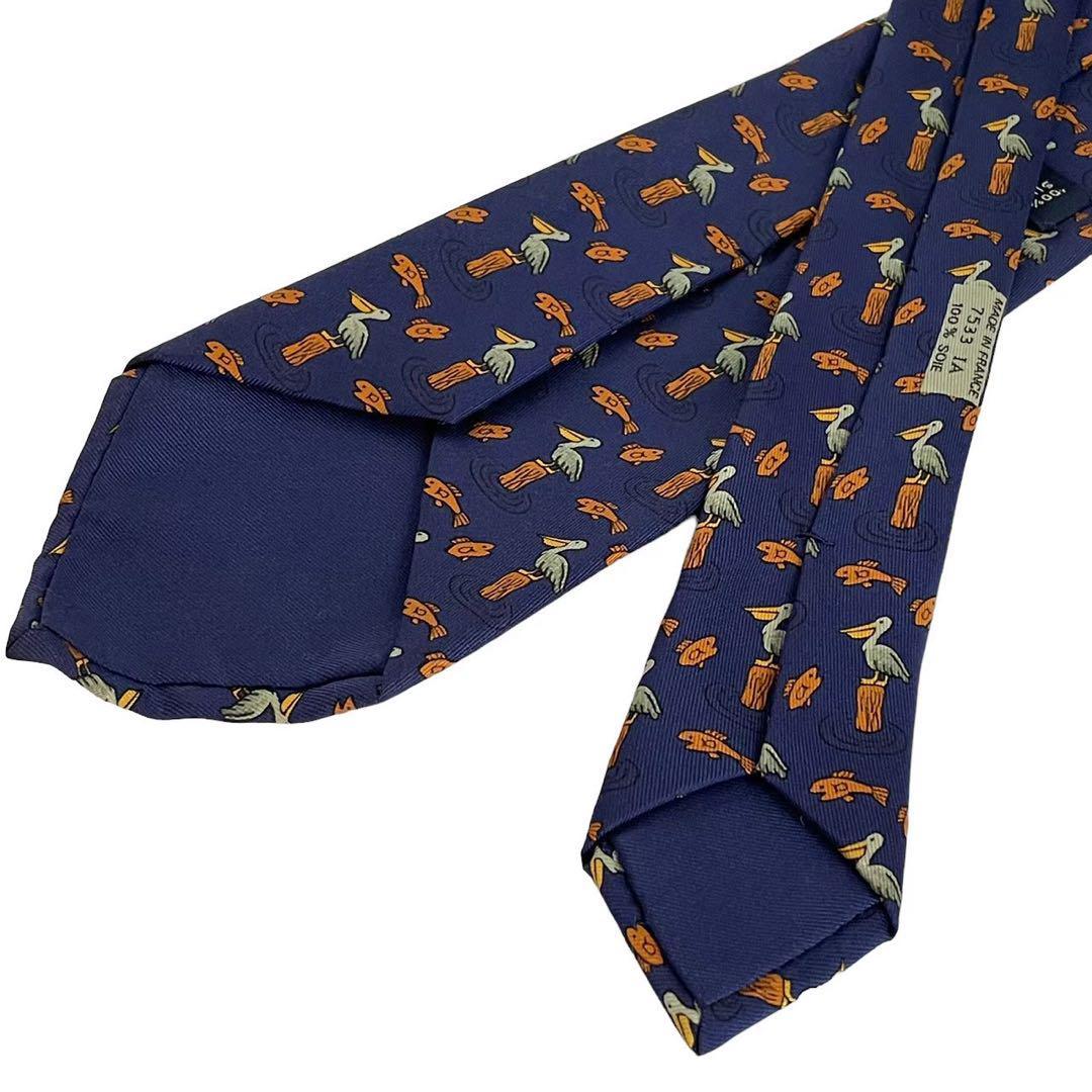 HERMES エルメス ネクタイ メンズ 紺色 オレンジ ペリカン 魚|PayPay