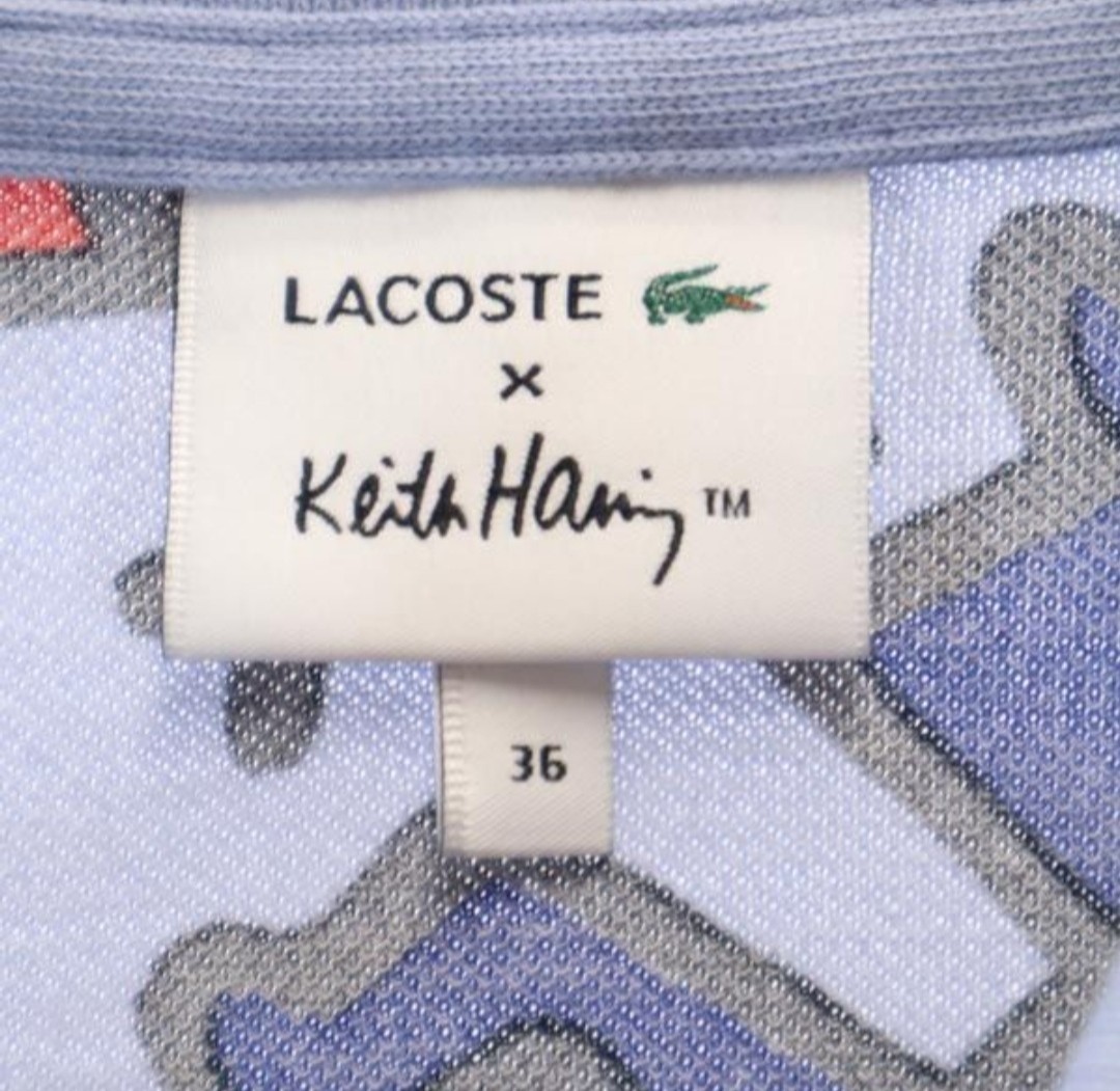 新品 未使用 ラコステ キースヘリング 総柄 半袖 ポロシャツ 36 ブルー系 LACOSTE Keith Haring ロゴ 鹿の子 レディース 定価19,800円！！