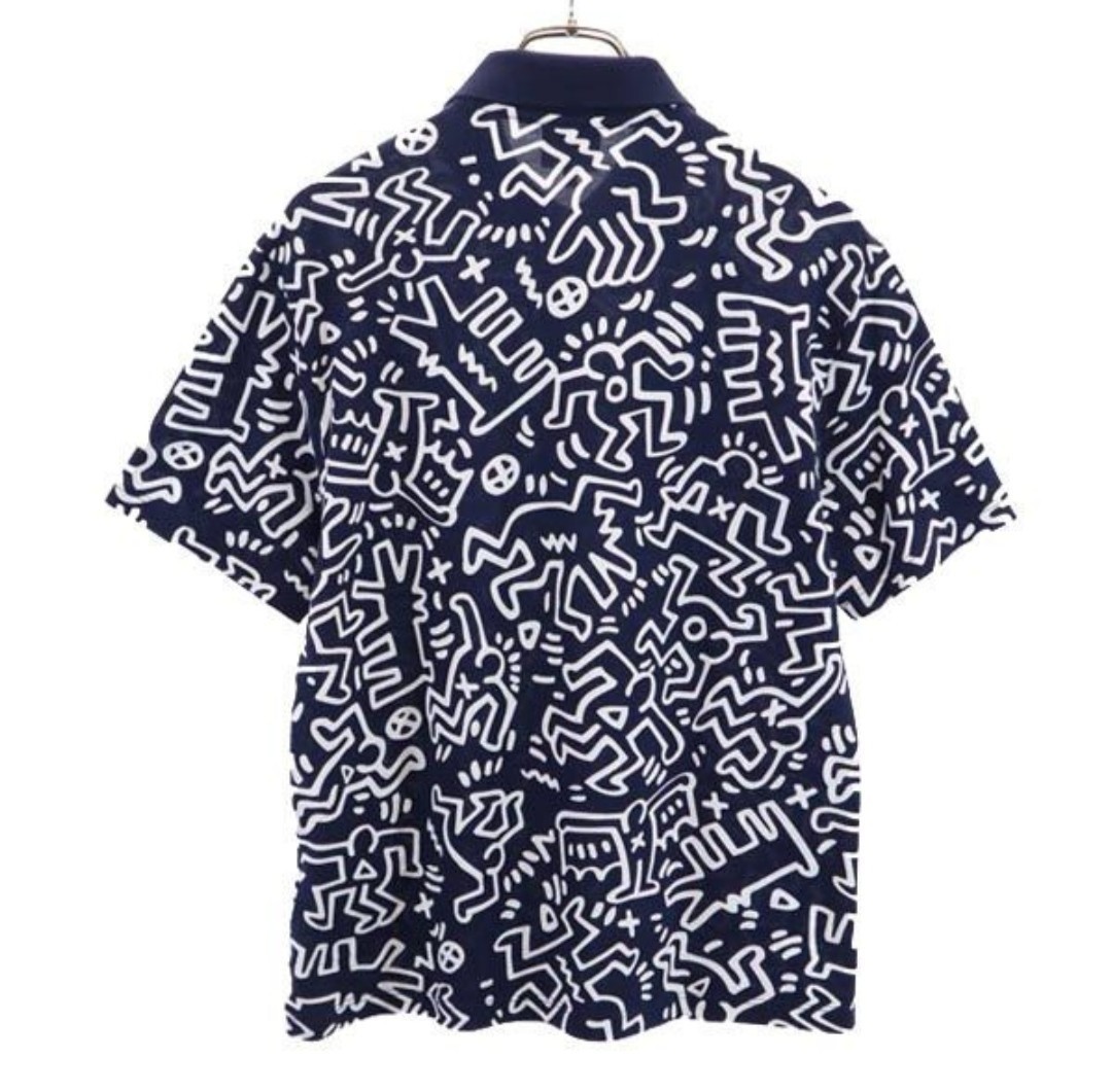 新品 未使用 完売品 ラコステ キースヘリング 総柄 半袖 ポロシャツ 36 ネイビー系 LACOSTE Keith Haring ロゴ 鹿の子 定価19,800円!!