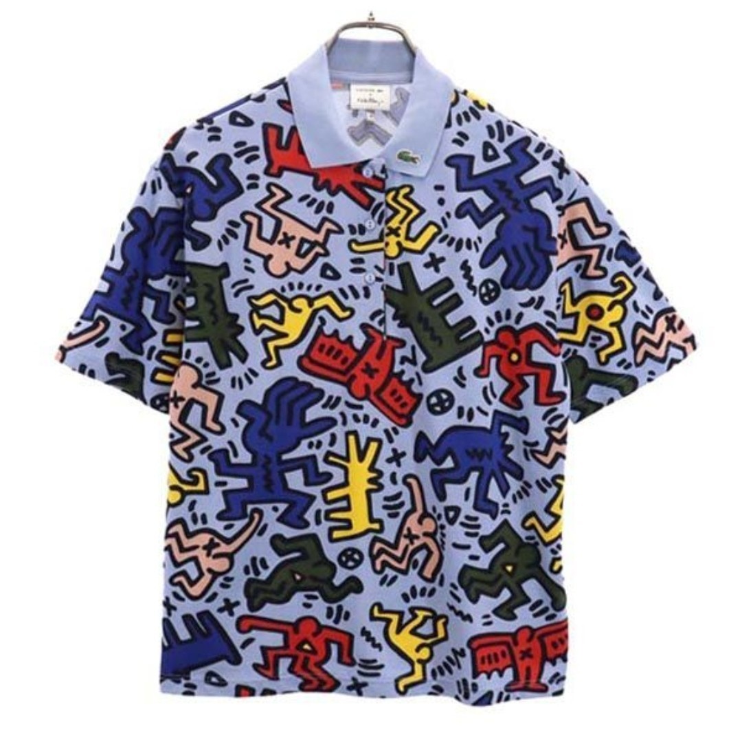 新品 未使用 ラコステ キースヘリング 総柄 半袖 ポロシャツ 36 ブルー系 LACOSTE Keith Haring ロゴ 鹿の子 レディース 定価19,800円！！