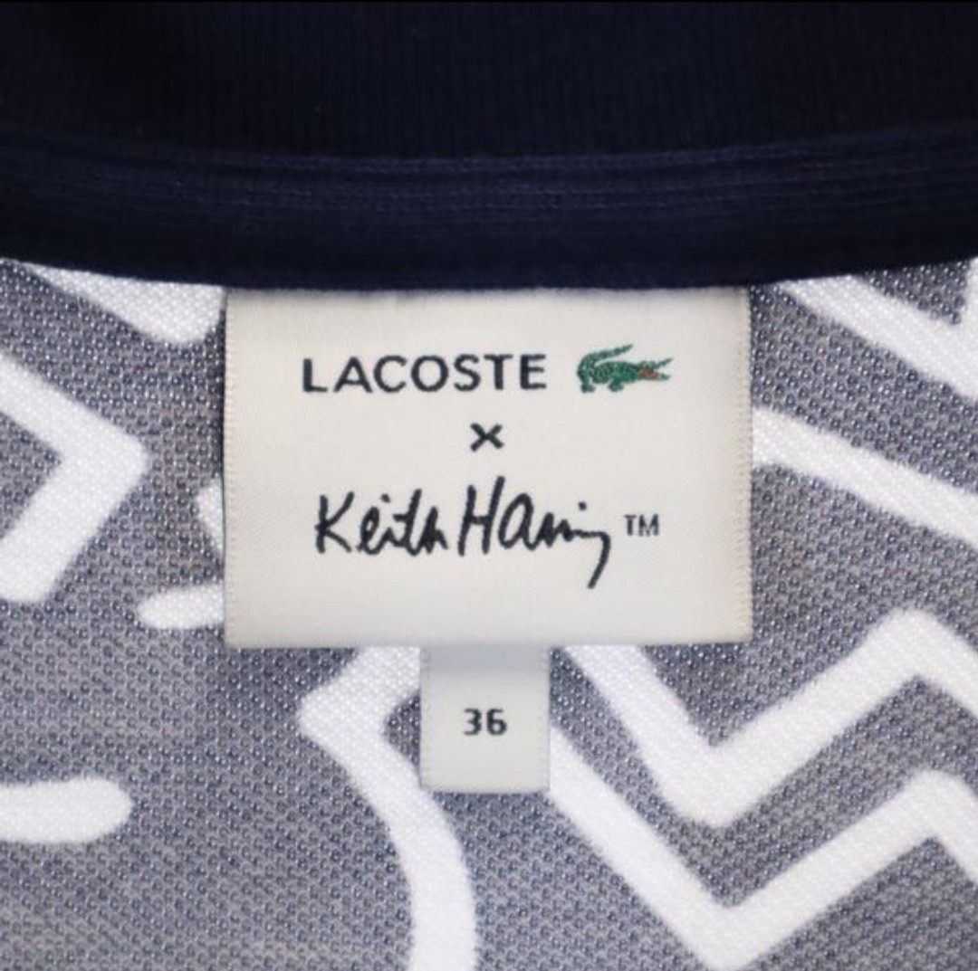 新品 未使用 完売品 ラコステ キースヘリング 総柄 半袖 ポロシャツ 36 ネイビー系 LACOSTE Keith Haring ロゴ 鹿の子 定価19,800円!!