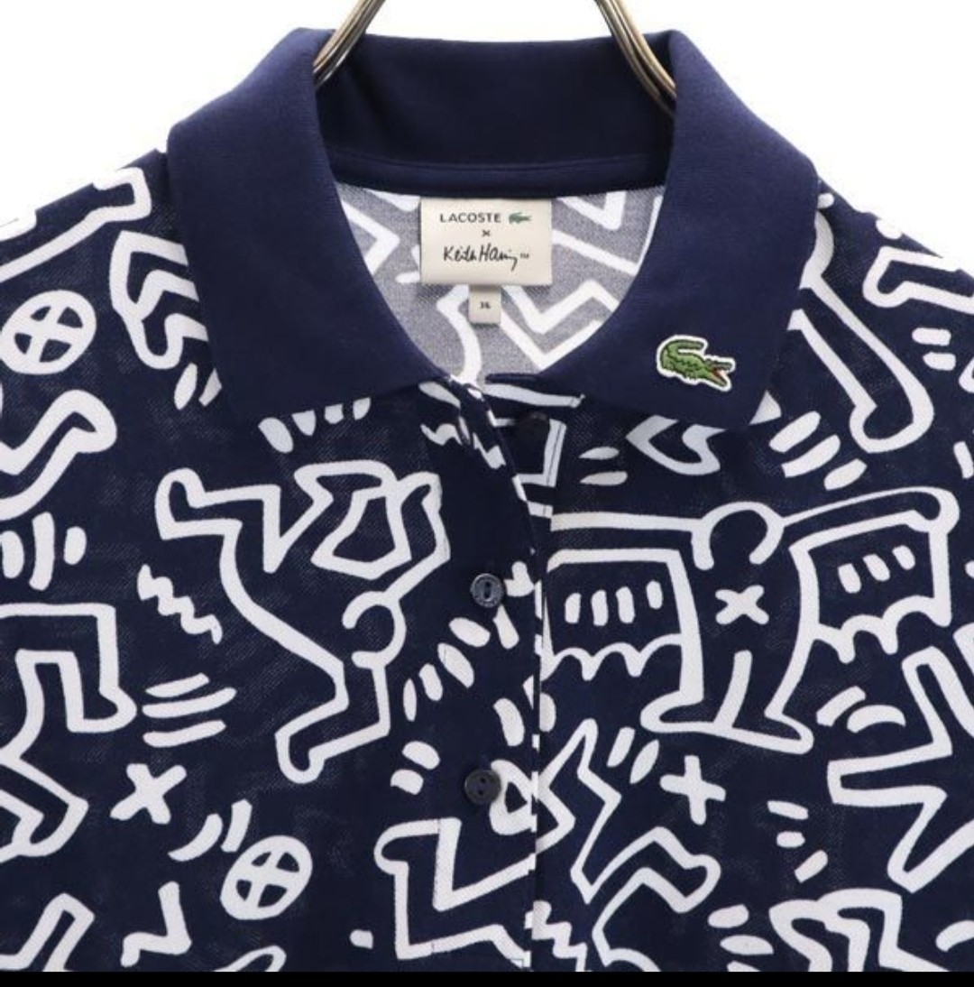 新品 未使用 完売品 ラコステ キースヘリング 総柄 半袖 ポロシャツ 36 ネイビー系 LACOSTE Keith Haring ロゴ 鹿の子 定価19,800円!!