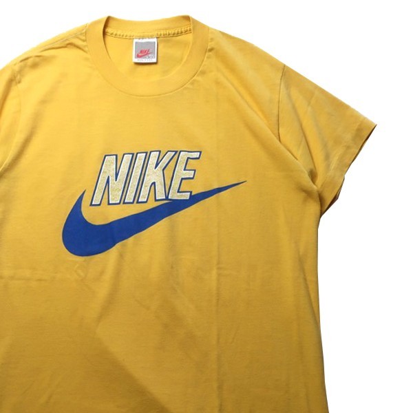 レアモデル! 90s USA製 NIKE ナイキ ヴィンテージ スウォッシュロゴ プリント 半袖 Tシャツ イエロー 黄色 Mサイズ メンズ 古着 希少 風車