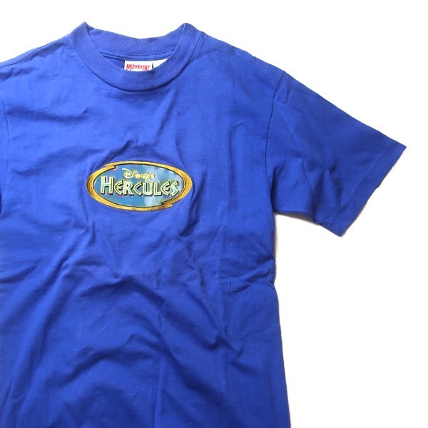 超希少! 90s USA製 Disney ディズニー ヴィンテージ Hercules ヘラクレス ロゴ プリント Tシャツ ブルー 青 S メンズ 古着 当時物 入手困難