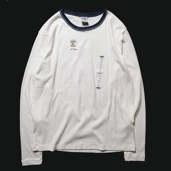 デッドストック 00's オールドネイビー コットン リンガー Tシャツ 長袖 (L) 白×紺 ロンT 無地 00年代 旧タグ オールド ギャップ GAP Y2K