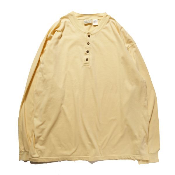 90's USA製 LLビーン ヘンリーネック コットン Tシャツ 長袖 (XL) 黄色 無地 ロンT 90年代 アメリカ製 旧タグ オールド LLBEAN アウトドア