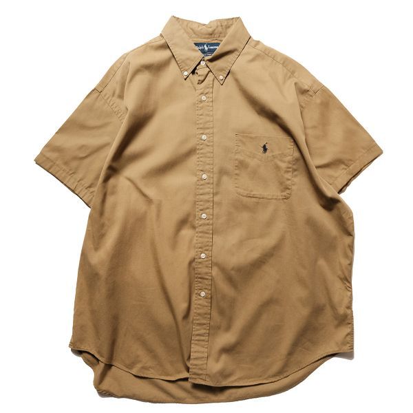 90's USA製 ラルフローレン コットンツイル ボタンダウンシャツ 半袖 (XL) 茶系 ビッグシャツ 90年代 アメリカ製 旧タグ オールド Y2K
