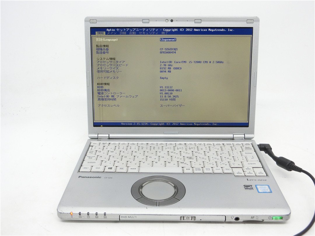 Panasonic　CF-SZ6　 第7世代I5　8GB　13型 ノートパソコン　BIOSまで表示　　縦線あり　詳細不明　　ジャンク扱い