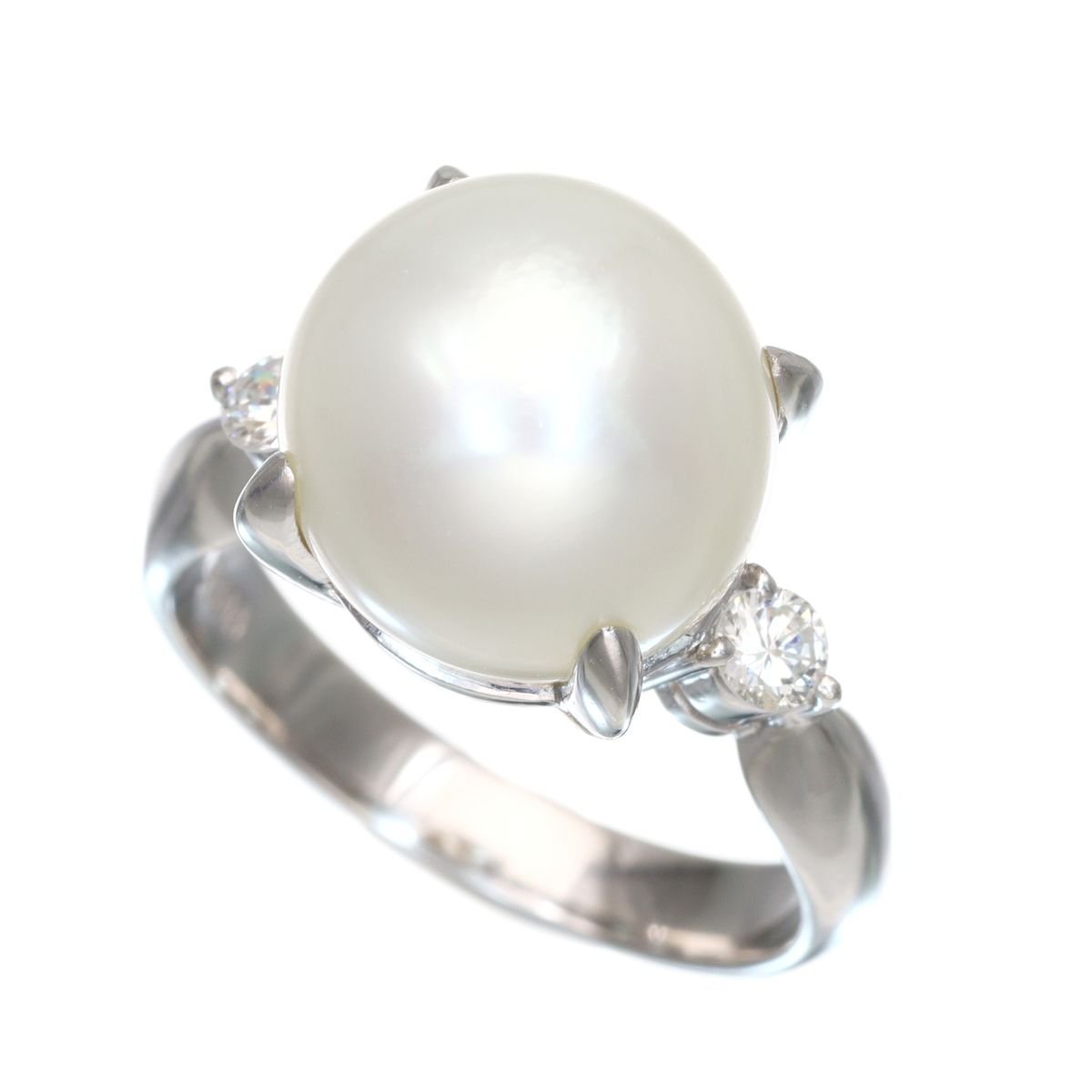 白く美しい照りとダイヤの輝きに魅了される Pt900 南洋パール 真珠 ダイヤモンド リング 8.3g 0.18ct 11.1mm 超美品 ◎04A95