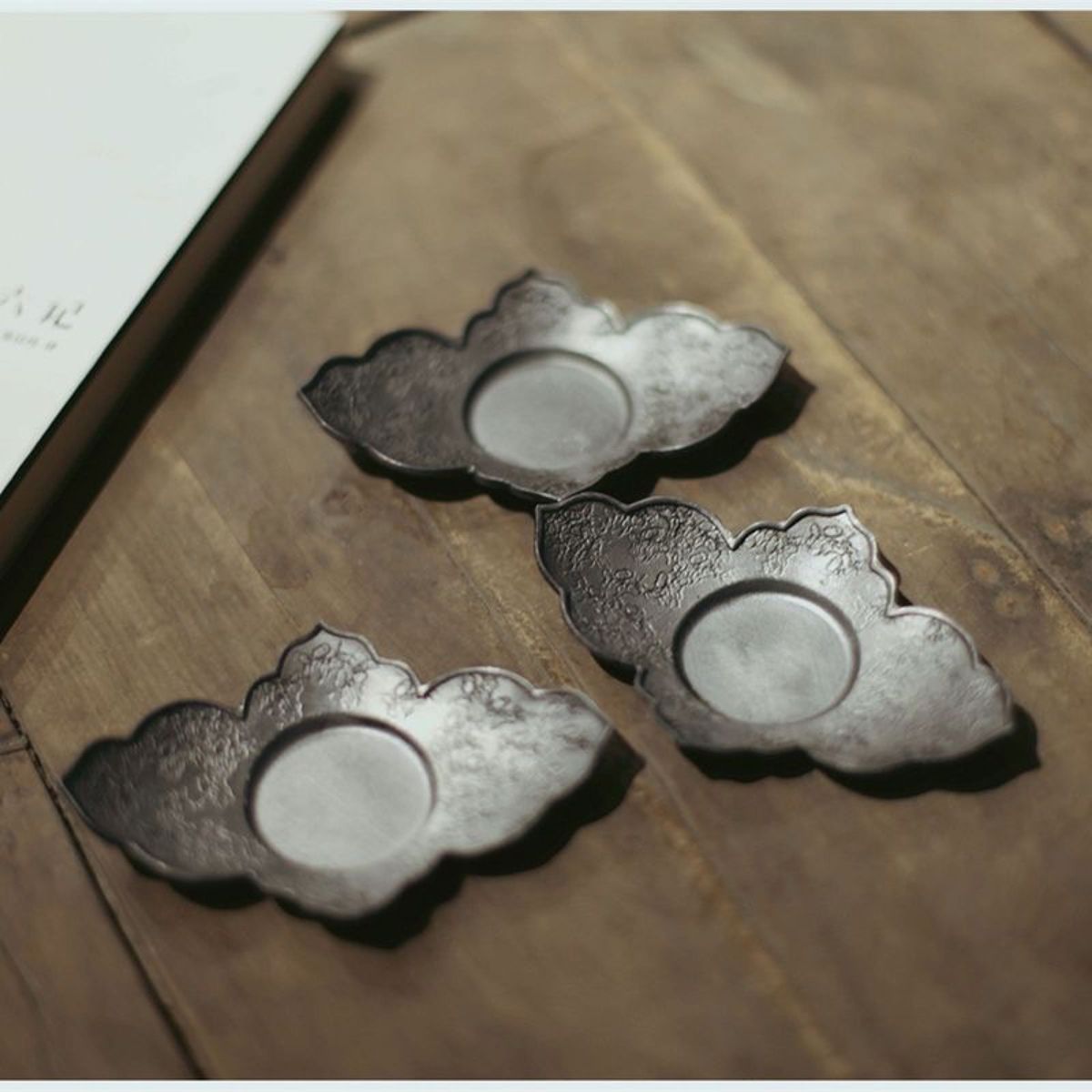 錫製 茶托 （花菱）×4 茶道具