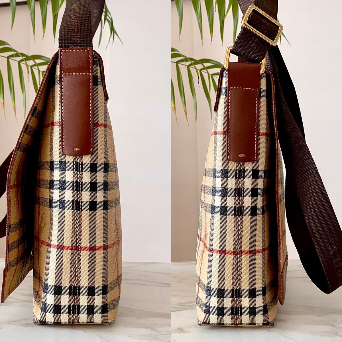 極美品 正規品 BURBERRY バーバリー レザーショルダーバッグ＊ノバチェック レディース メンズ 牛革 本革 ブラウン 茶 肩掛け 斜め掛け