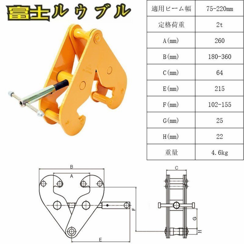 鋼材用 ビームクランプ クランプ 吊り ツイストカム式 2t 対応サイズ 75-220mm H型鋼 I型鋼 ビーム チェーンブロック 吊ピース_画像8