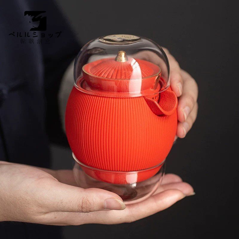 陶器の急須+ガラスの湯飲み オレンジ色の耐熱茶器 シリコン断熱 陶器の急須+ガラスの湯飲み オレンジ色の耐熱茶器 シリコン断熱