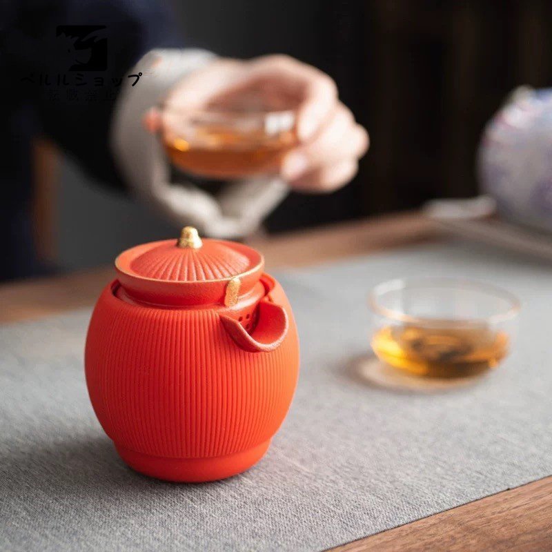 陶器の急須+ガラスの湯飲み オレンジ色の耐熱茶器 シリコン断熱 陶器の急須+ガラスの湯飲み オレンジ色の耐熱茶器 シリコン断熱