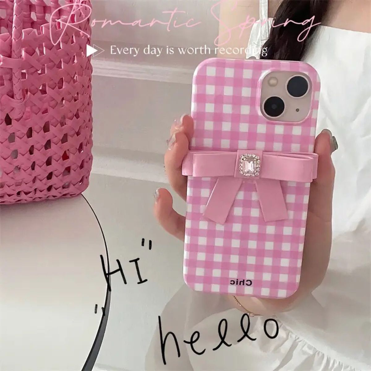 iPhone13/14ケース リボン ギンガムチェック ビジュー かわいい 韓国 ピンク オルチャン 大人可愛い 宝石 キラキラ
