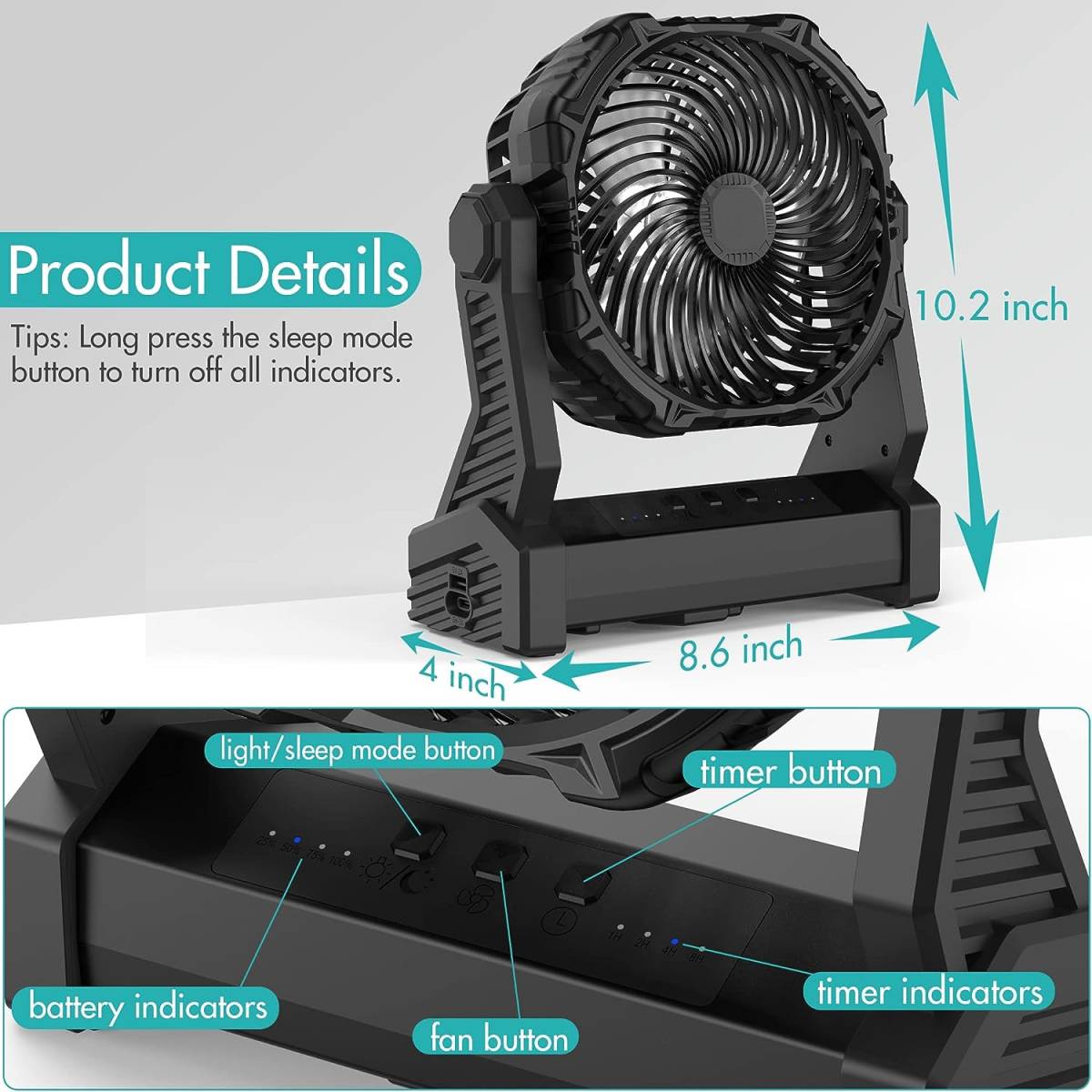 充電式扇風機、LEDライト付き／大容量10000mAh／ 4つの速度／7インチ／ブラック004_画像6