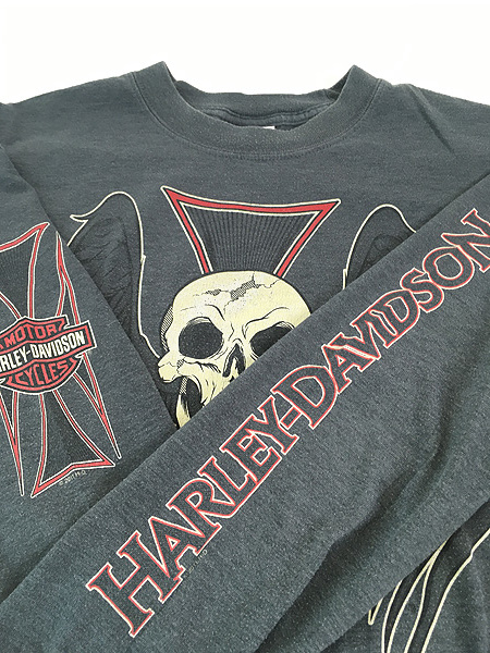 古着 10s HARLEY DAVIDSON バー&シールド ウィング スカル 両面 プリント 長袖 Tシャツ ロンT L 古着_画像5