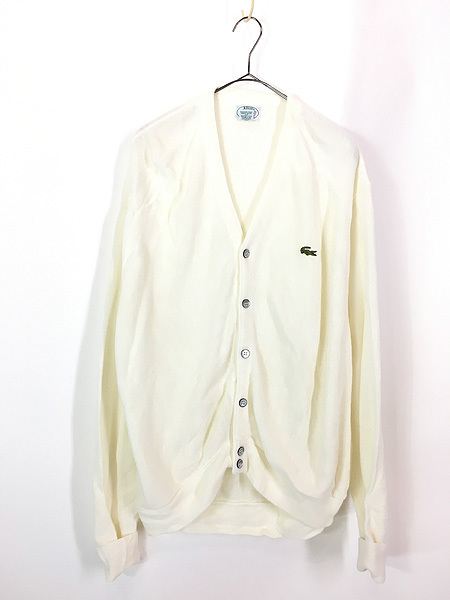 古着 80s USA製 IZOD LACOSTE ワニ パッチ アクリル ニット カーディガン 白 L(2)