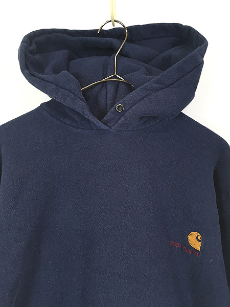 古着 80s USA製 Carhartt ワンポイント 刺しゅう リバース タイプ スウェット パーカー 紺 XL位 古着_画像2