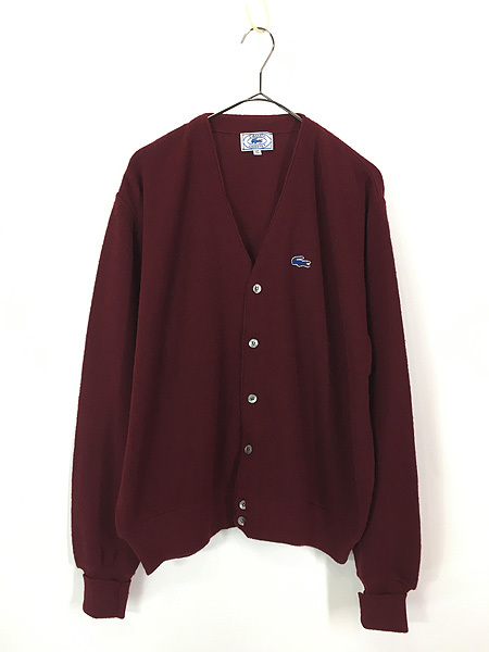 古着 80s IZOD LACOSTE ワニ パッチ アクリル ニット カーディガン ワイン XL