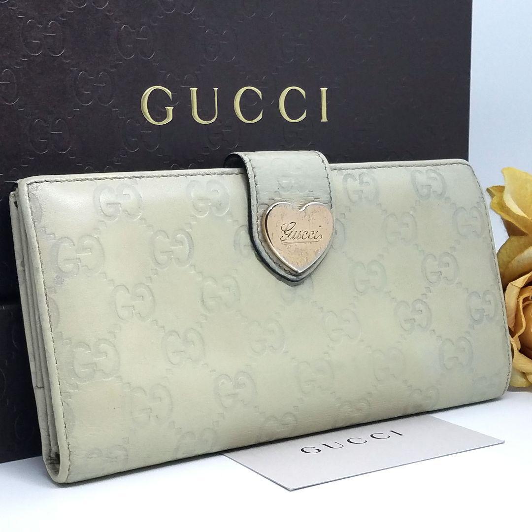 送料無料 GUCCI グッチ GGシマ ハート金具 Wホック開閉 二つ折り長財布 アイボリー系 203550・3661 レザー_画像1