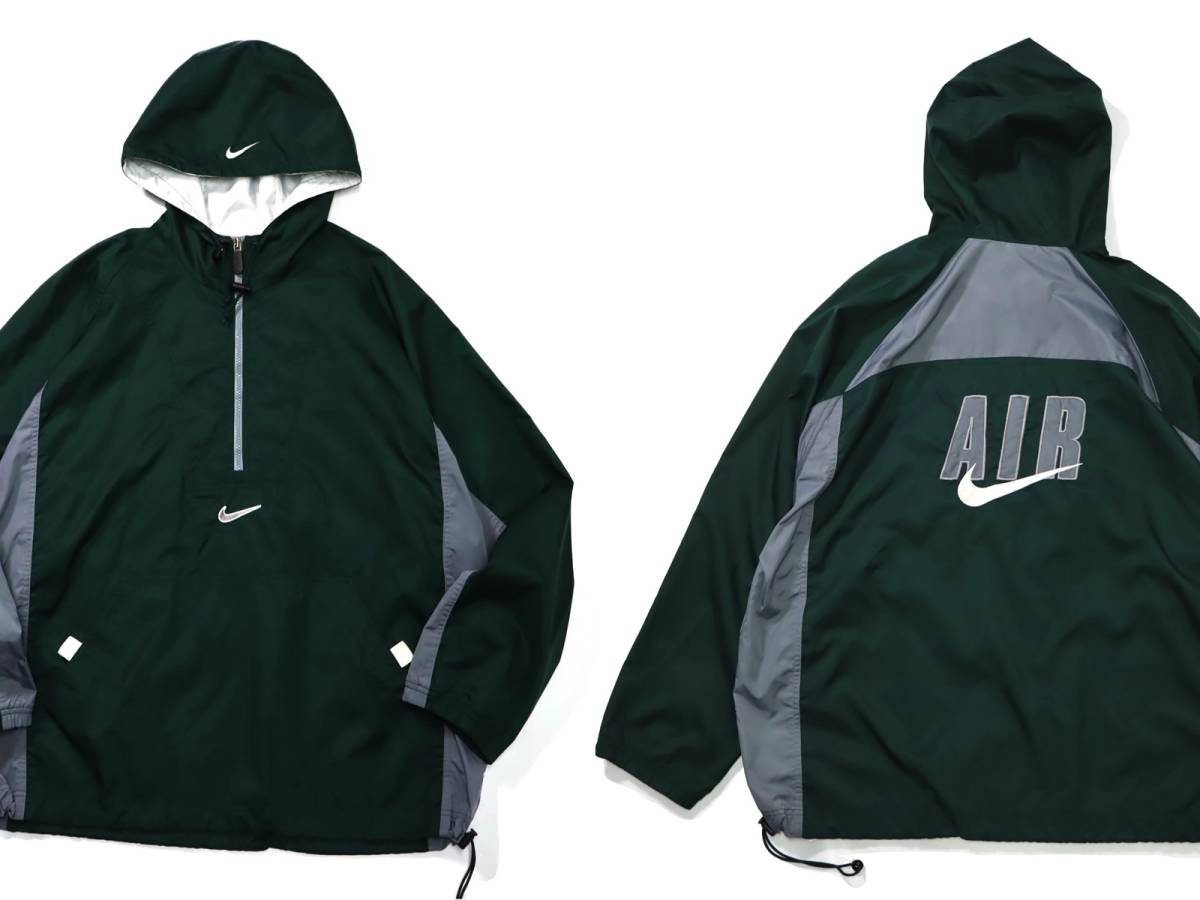 [L] 90s Nike Air バック ロゴ ナイロン アノラック パーカ グリーン グレー ナイキ ジャケット 緑 スウッシュ ビンテージ vintage