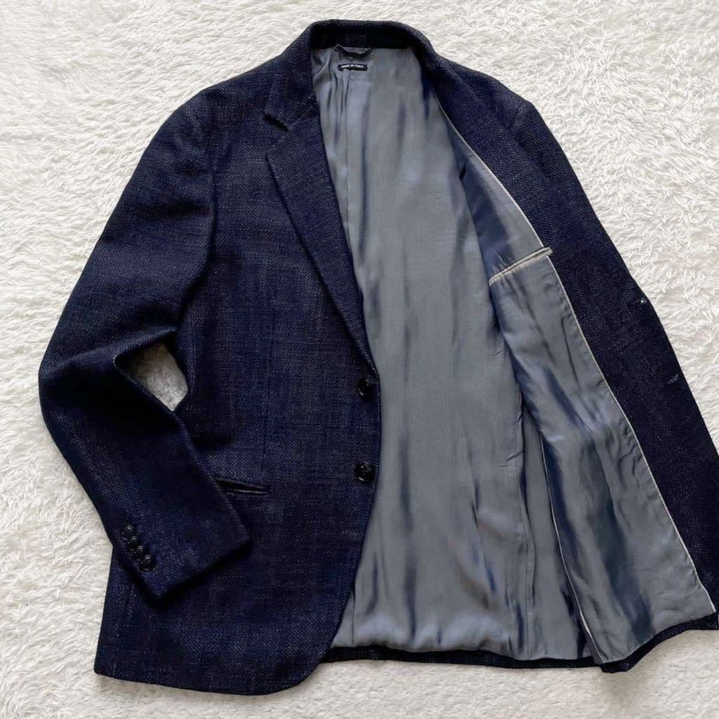 極美品/希少58(3L位) ジョルジオアルマーニ GIORGIO ARMANI 高級シルク 織柄 黒タグ テーラードジャケット 絹 ビジネス ネイビー メンズ