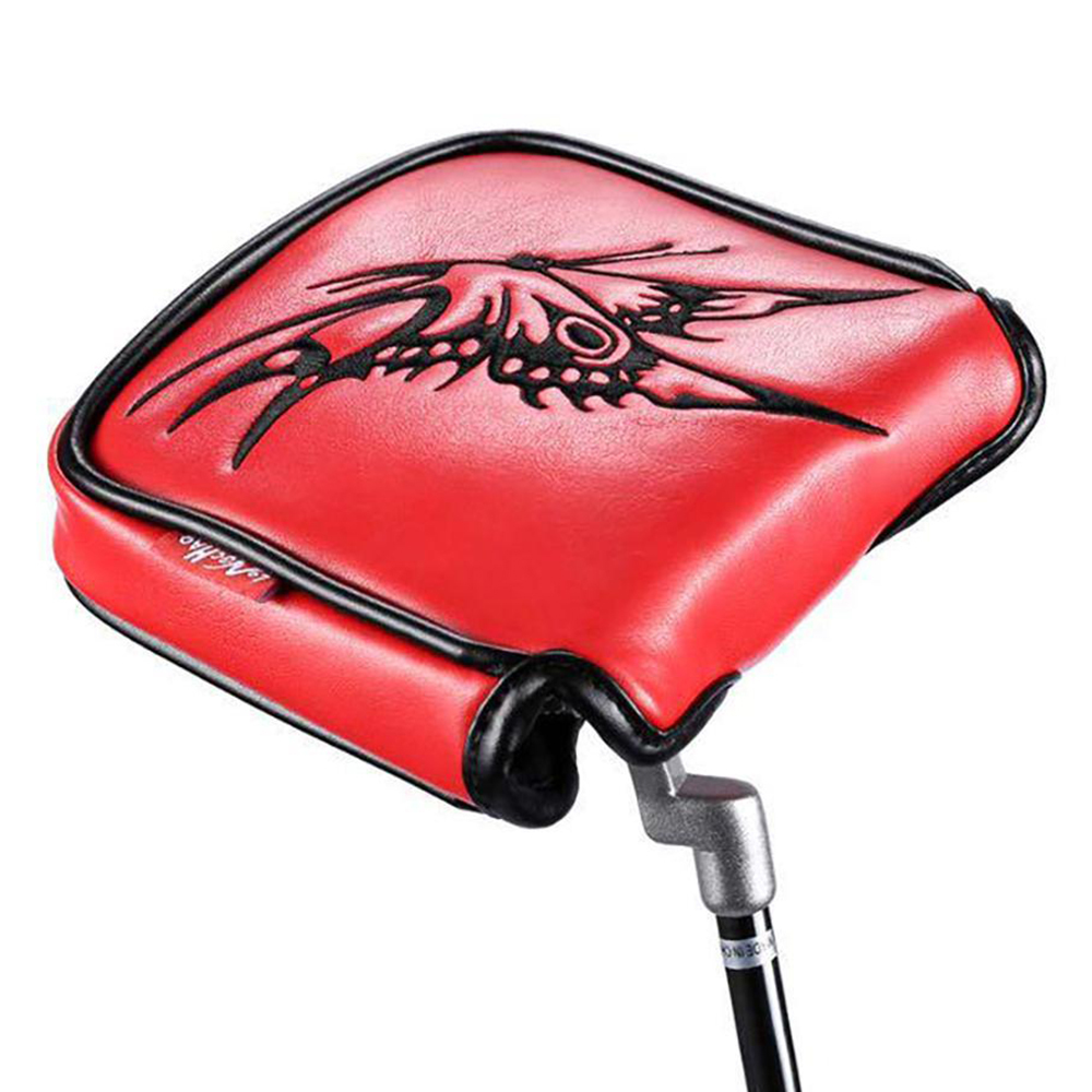 ゴルフクラブパターカバー 高級PUレザー素材 シングルボタン 刺繍蝶　ゴルフパターカバー ヘッドカバーのパター用 バタフライ２色のレッド_画像1