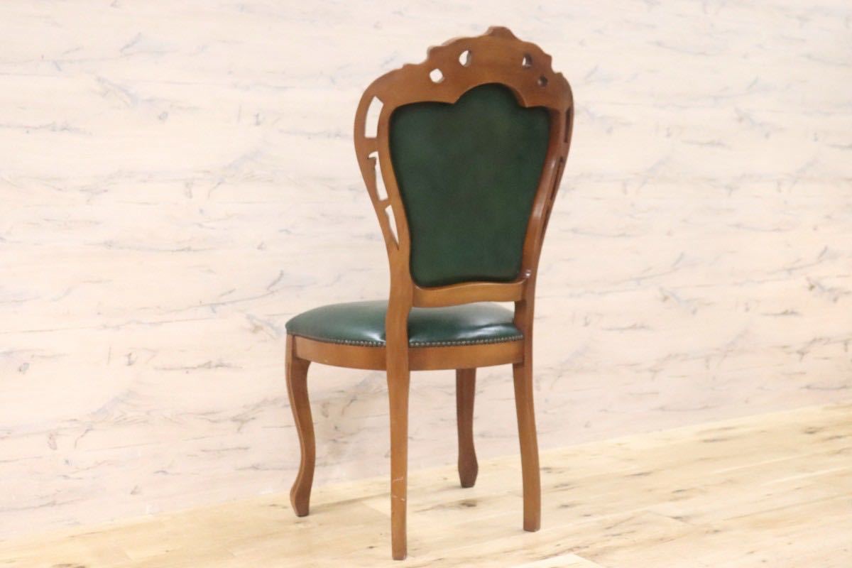 GMFH257D○イタリア ダイニングチェア 椅子 木製フレーム 革張り レザー 彫刻 猫脚 西洋 アンティーク_画像5