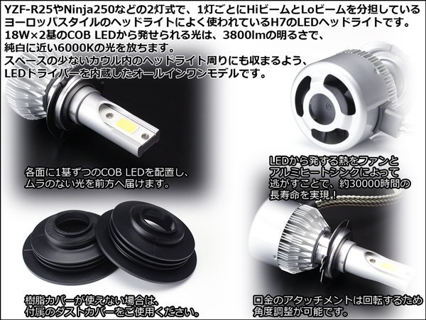 H7用LEDヘッドライト バルブ COB18W×2基 3800lm 6000K オールインワンモデル ホワイト発光 2灯セット H-60_画像2