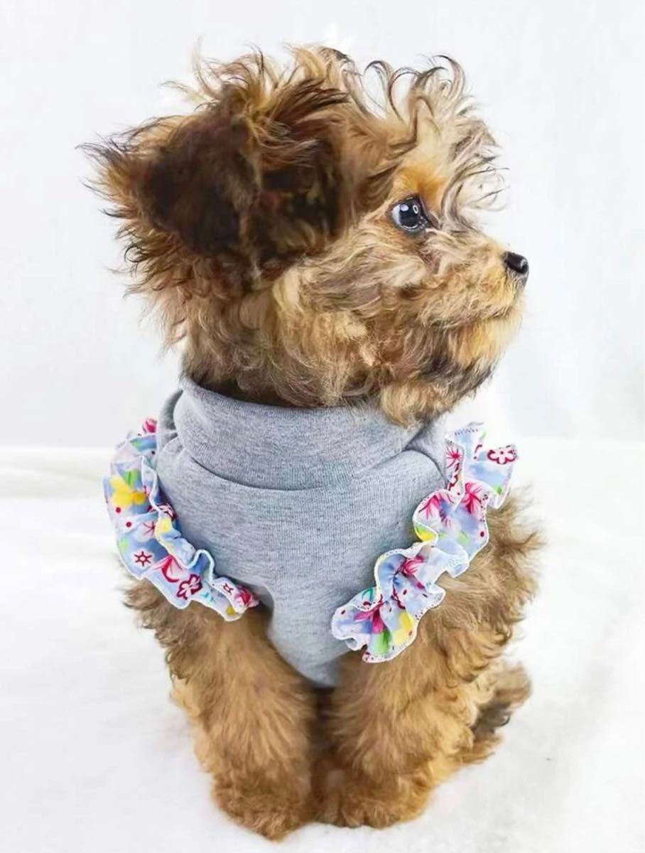 犬用　グレー　Tシャツ　M  花柄　フリル　タンクトップ　犬服