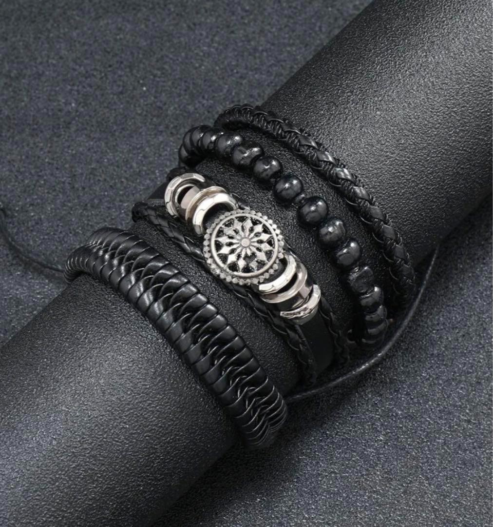  new goods PU leather leather bracele 4 ream black black unisex 