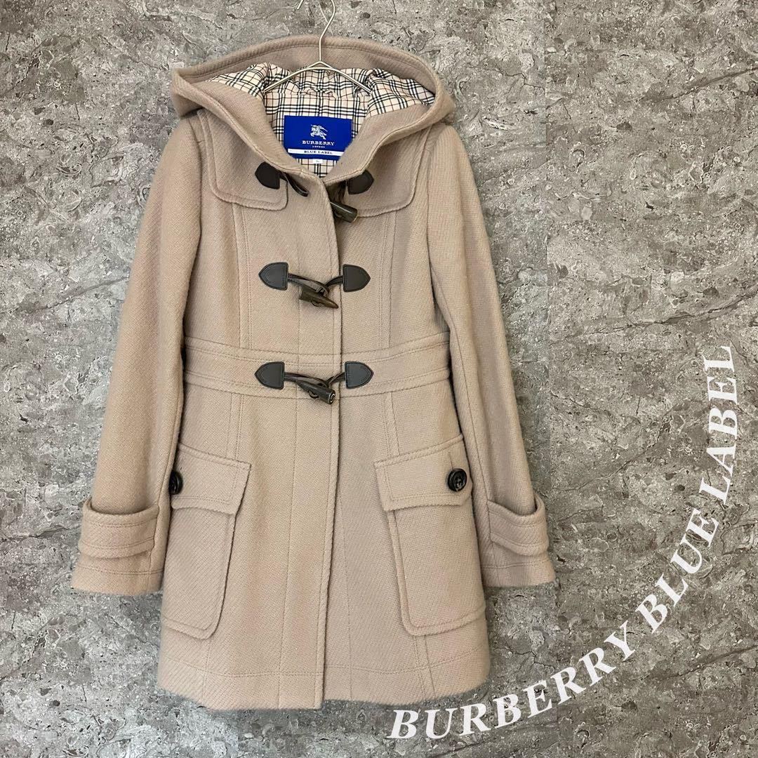 極美品 BURBERRY BLUE LABEL バーバリーブルーレーベル ノバチェック ヘリンボーン ダッフルコート ベージュ 36_画像1