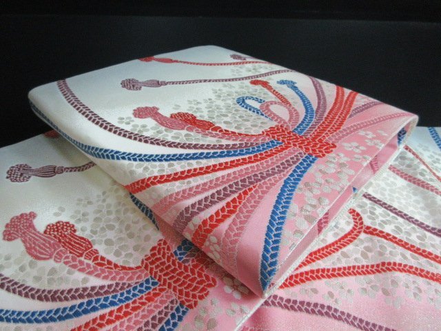 1円 良品 正絹 袋帯 唐織 暈し グラデーション 結び紐 帯締め 桜吹雪