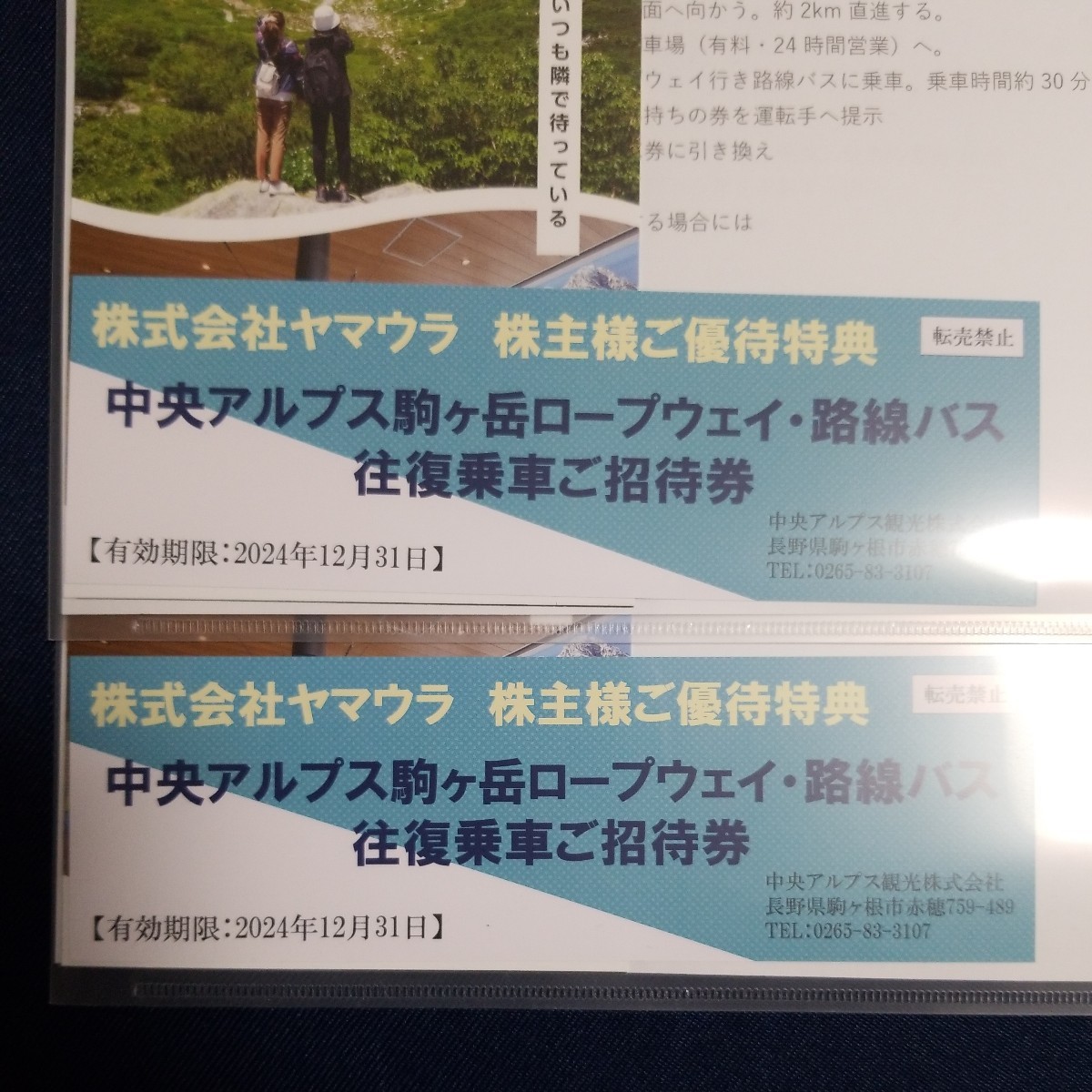最新 ヤマウラ 株主優待 駒ヶ岳ロープウェイ 路線バス 往復乗車ご招待券 2枚セット 中央アルプス_画像1