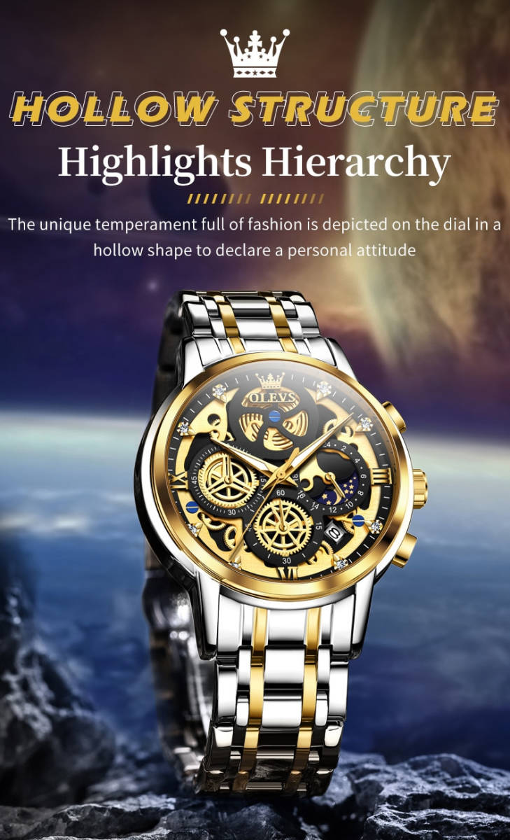 【シルバー ゴールド ブラック】メンズ高品質腕時計 海外人気ブランド Olevs クロノグラフ スケルトン 防水 クォーツ式_画像3