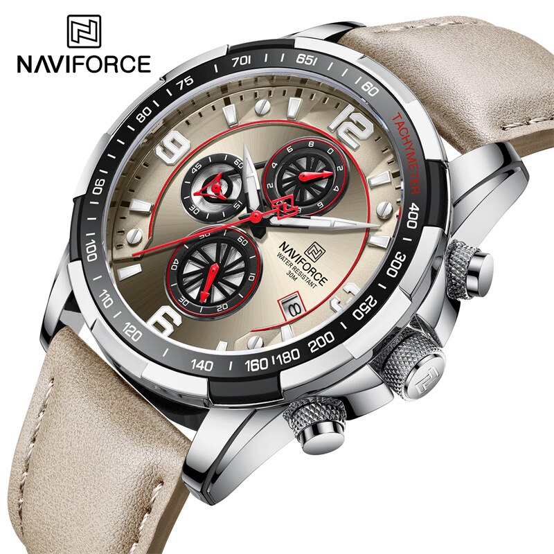 【ゴールド ベージュ】メンズ高品質腕時計 海外人気ブランド naviforce クロノグラフ 防水 クォーツ式 レザーバンド_画像2