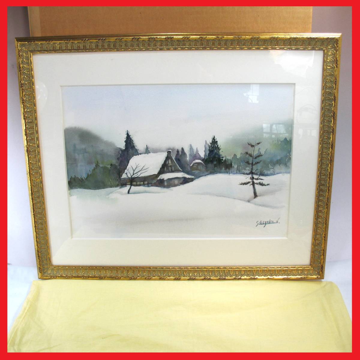  free shipping! pastel picture direct . quiet . work handwriting picture snow scenery .... house rice field .. one . house japanese winter scenery gold color amount missed scenery genuine work ( red frame )