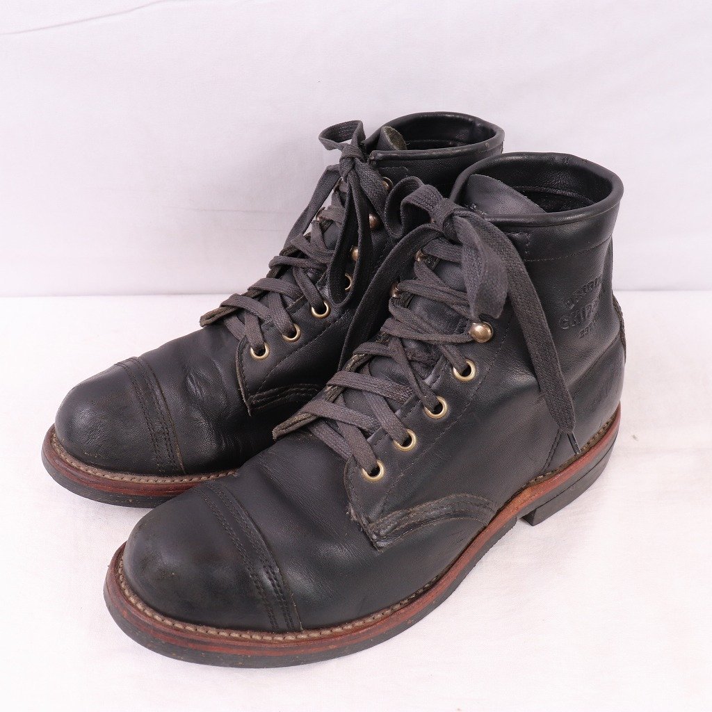 チペワ 7 1/2 /25.5cm 位 USA製 キャップトゥ 編み上げ ワーク ブーツ ブラック 黒 Chippewa レザー 本革 古着 中古 eb1060