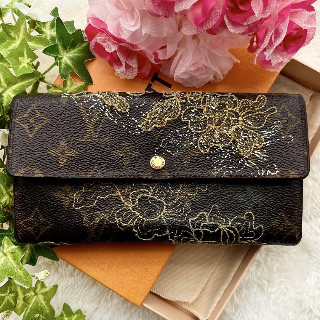 【美品 激レア 限定品】 ルイヴィトン モノグラム ダンテェル ポルトフォイユ サラ 金刺繍 花 長財布 カードスロット10枚 型番 M95389