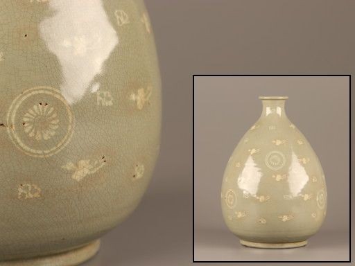 古美術 朝鮮古陶磁器 高麗青磁 白象嵌 花瓶 時代物 極上品 初だし品 C1865_画像1