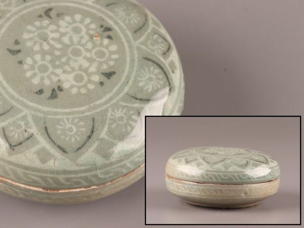 古美術 朝鮮古陶磁器 高麗青磁 白黒象嵌 香合 時代物 極上品 初だし品 C1583