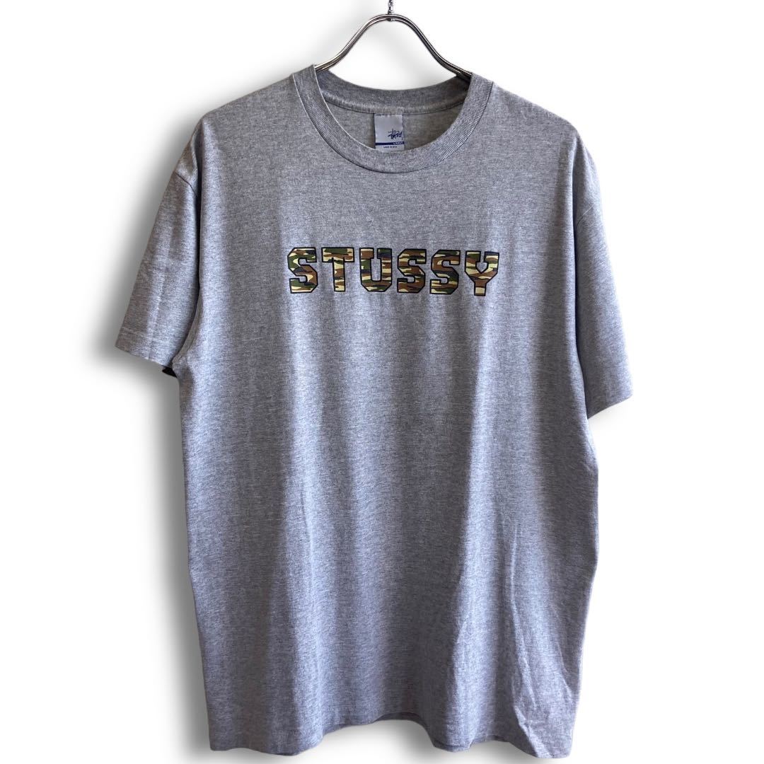 230818BRB110●希少 90S 1990S STUSSY ステューシー (L) USA製 Tシャツ グレー 迷彩 ロゴ ビンテージ オールド Old Vintage Skate
