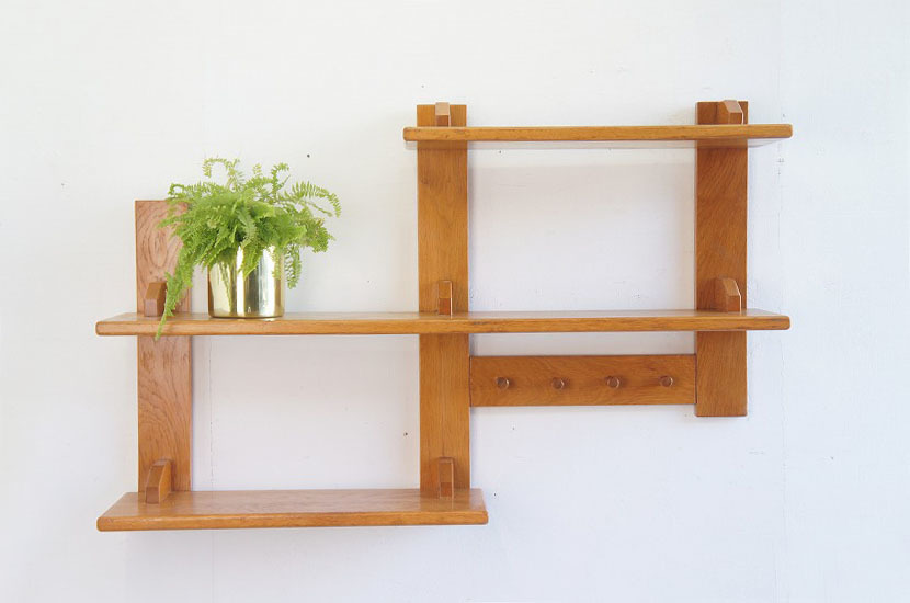  French Mid-century Vintage wall shelf / oak / hanger rack / is  truck / hat / entranceway / blue ta rhythm /p Limitee .b