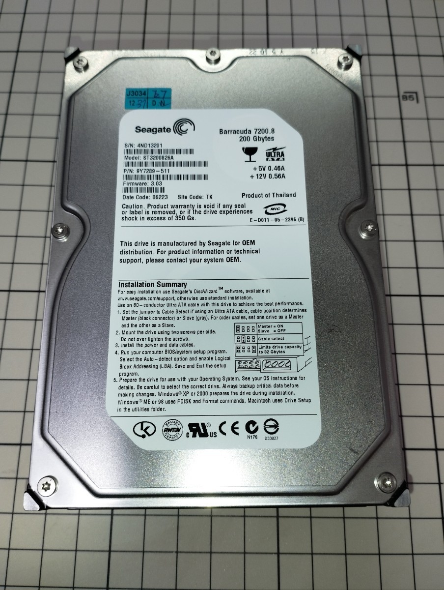 Seagate 3.5インチ IDE/ATA HDD 200GB Barracuda 7200.8 ST3200826A 動作確認済み_画像1