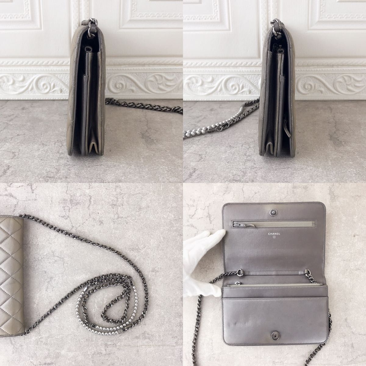 美品 正規品 シャネル パールチェーンウォレット パールグレー マトラッセ CHANEL
