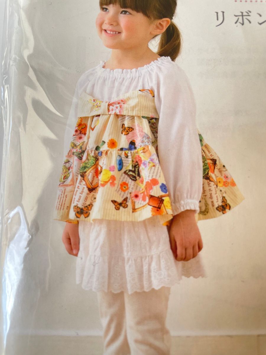 キッズ女の子服型紙　実物大 子供服　リボンとギャザーのスモック　ハンドメイド　ソーイング　手芸　パターン