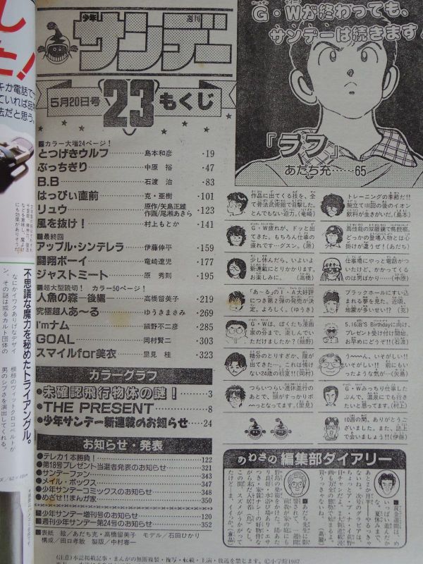 週刊少年サンデー 1987年22号 23号 2冊 高橋留美子 人魚の森 前後編 あだち充 ゆうきまさみ 細野不二彦 尾瀬あきら 村上もとか 原秀則_画像9