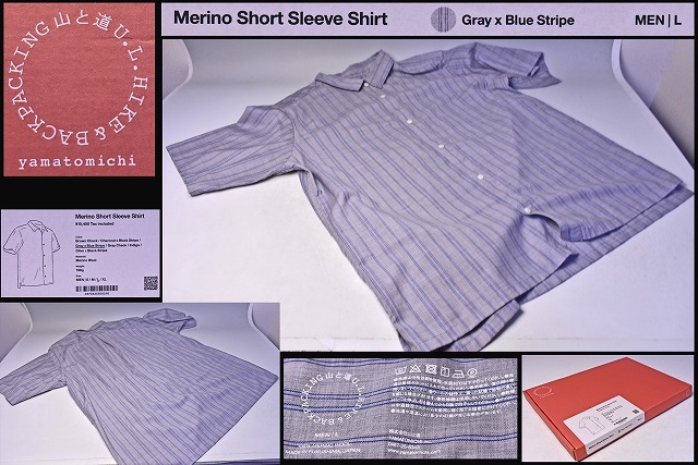 山と道 ★ yamatomichi ★ Merino Short Sleeve Shirt ★ Gray x Black Stripe ★ Men L ★ 定価15400円 ★ 半袖シャツ ★ 中古 1回洗濯済